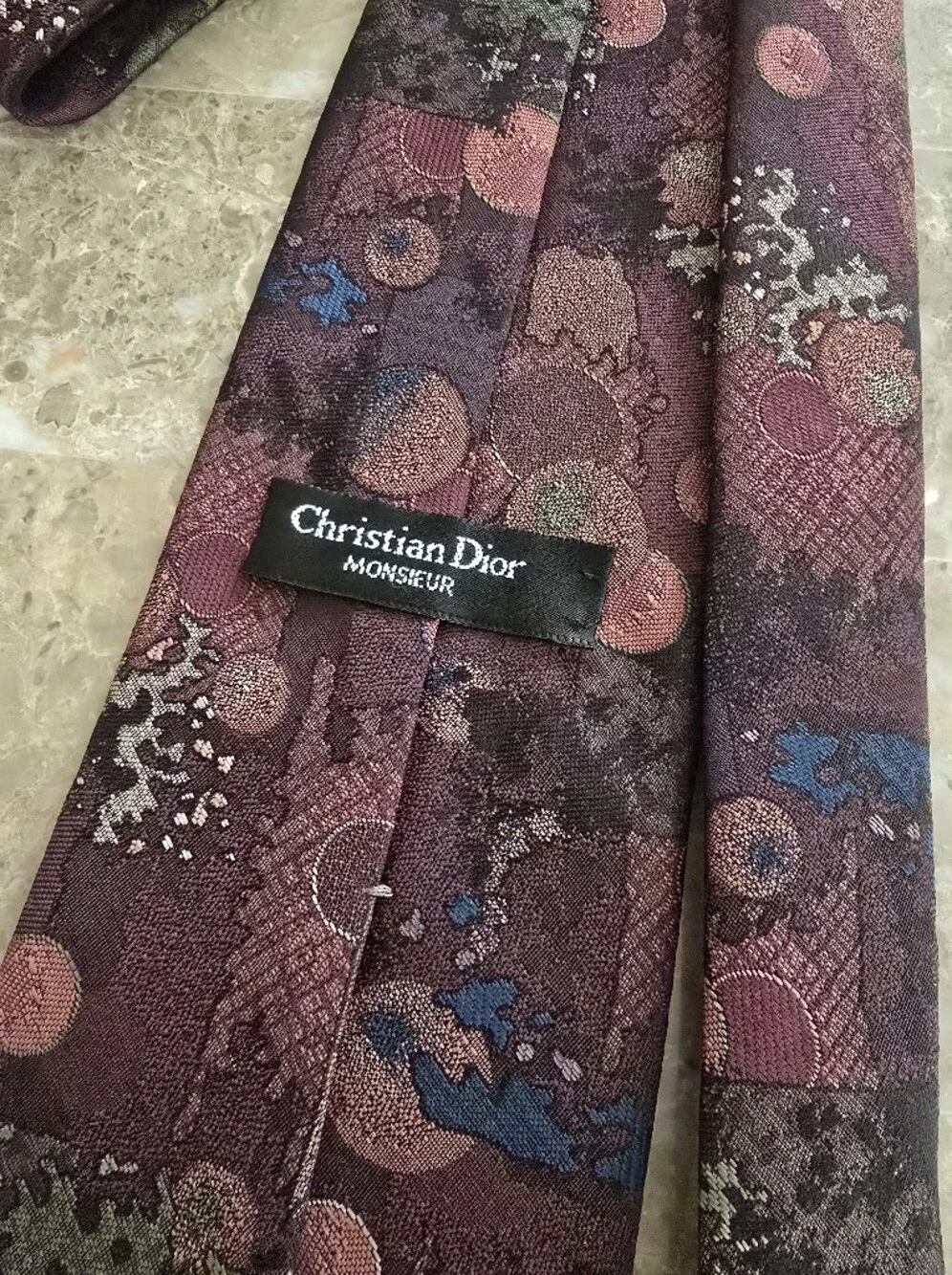 Vintage Dior Mens Burgundy Abstract Tie